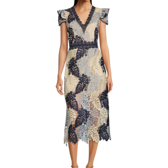 Adelyn Rae Dresses & Skirts - Adelyn Rae Navy and Cream Lace Midi Dress